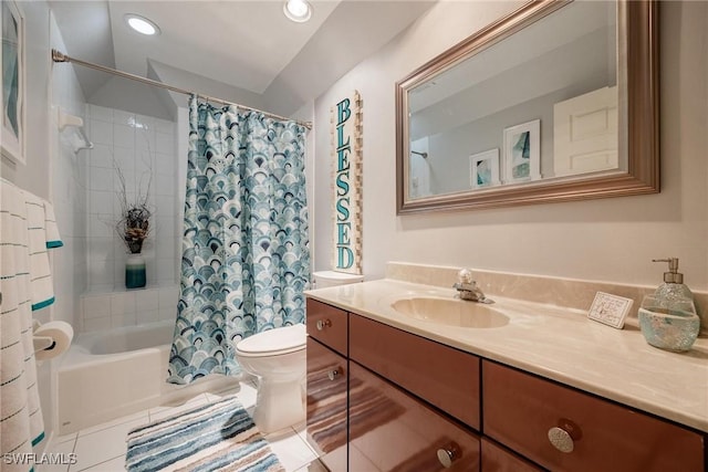 full bath with toilet, recessed lighting, vanity, tile patterned floors, and shower / bath combo