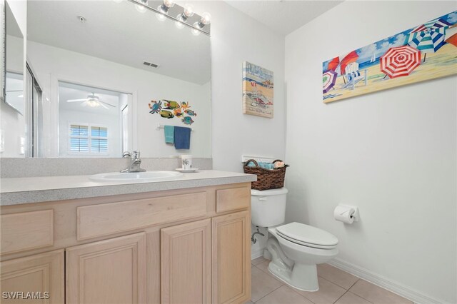 bathroom with vanity, toilet, ceiling fan, and tile patterned floors