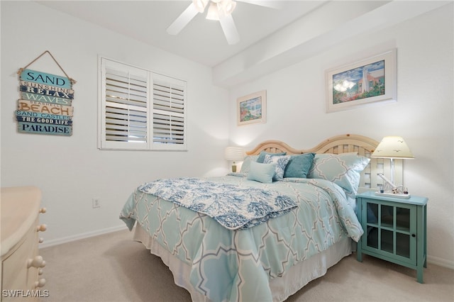 bedroom with carpet floors, baseboards, and ceiling fan