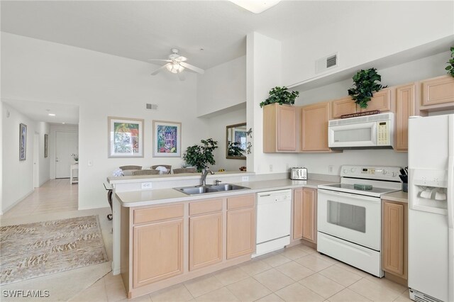 kitchen featuring white appliances, sink, light brown cabinets, kitchen peninsula, and ceiling fan