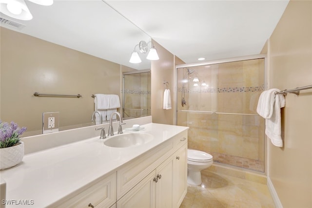 bathroom with tile patterned flooring, visible vents, a shower stall, and vanity