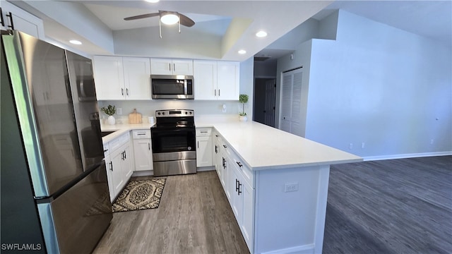 kitchen featuring kitchen peninsula, stainless steel appliances, white cabinets, and lofted ceiling