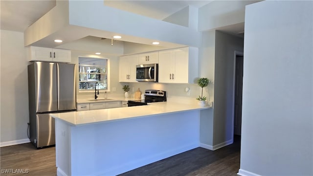 kitchen with white cabinetry, sink, stainless steel appliances, dark hardwood / wood-style flooring, and kitchen peninsula