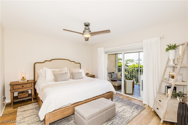 bedroom with access to exterior, light wood-style flooring, and a ceiling fan