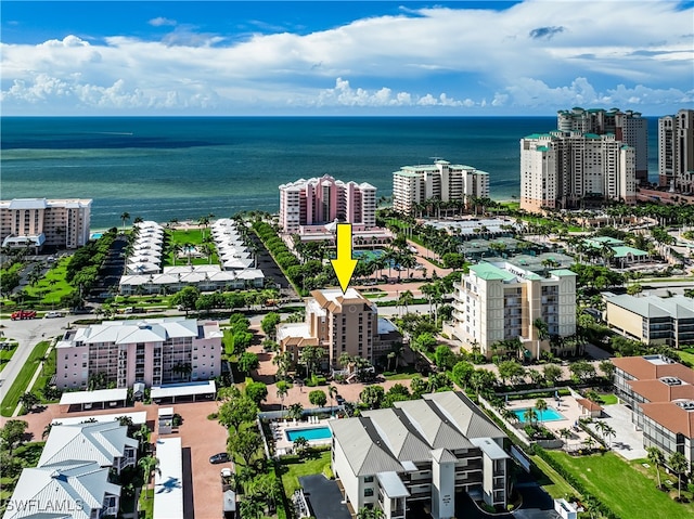 bird's eye view with a water view and a view of city