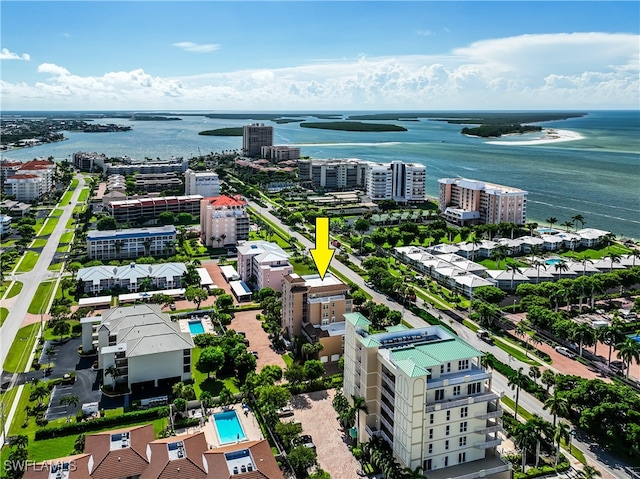 aerial view with a water view and a city view