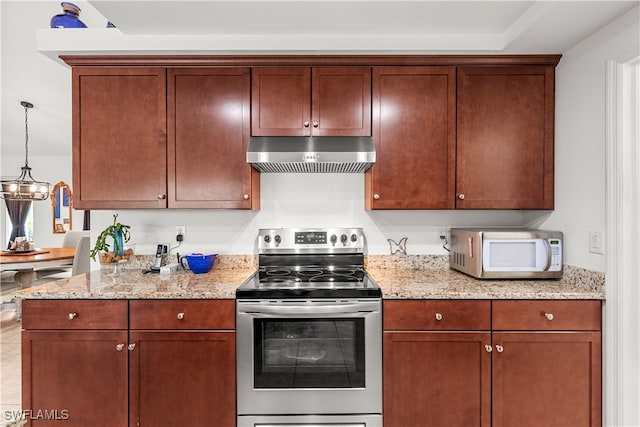 kitchen with stainless steel electric stove, pendant lighting, light stone counters, a chandelier, and ventilation hood