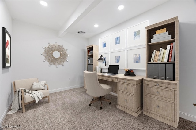 home office with recessed lighting, visible vents, baseboards, and light colored carpet