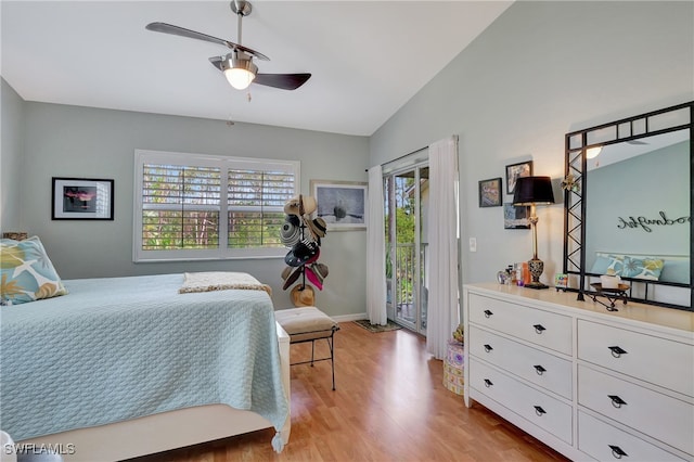 bedroom with lofted ceiling, access to exterior, ceiling fan, and light hardwood / wood-style floors