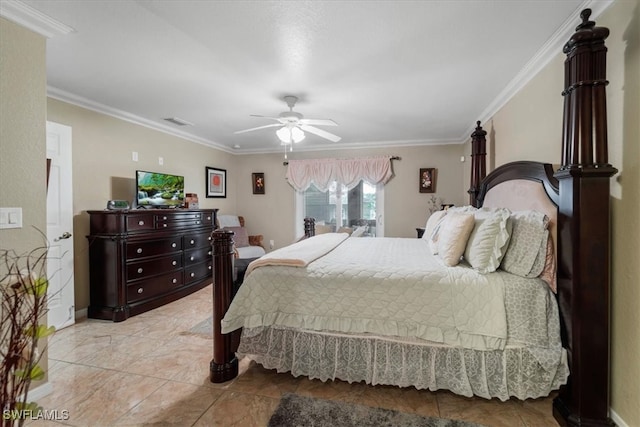 bedroom with crown molding and ceiling fan