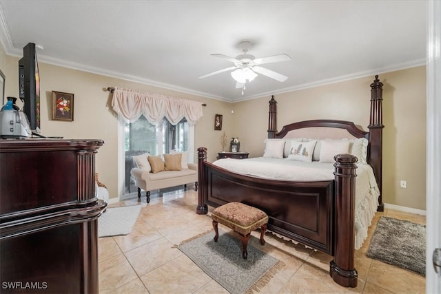 tiled bedroom with ceiling fan and ornamental molding