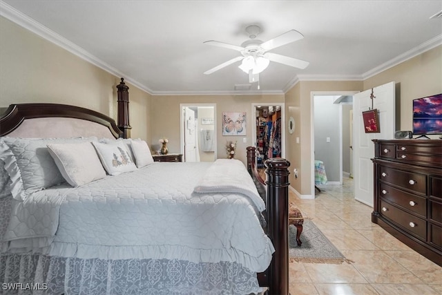 bedroom featuring ceiling fan, light tile patterned floors, and crown molding