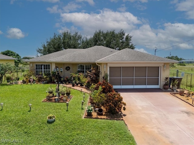 single story home with a garage and a front lawn