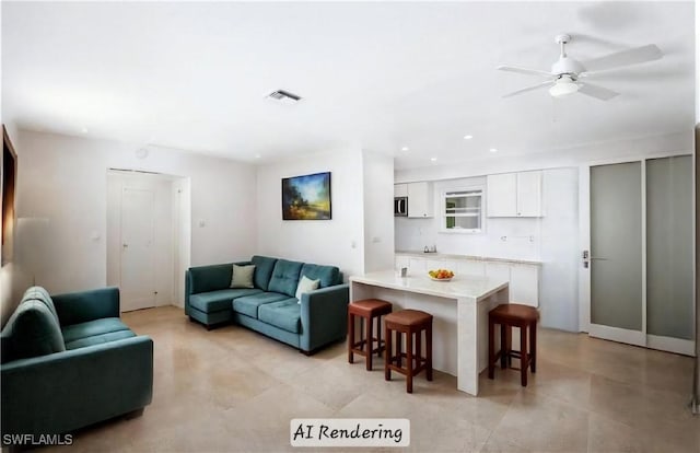 living room featuring ceiling fan, visible vents, and recessed lighting