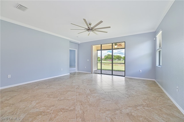 unfurnished room featuring ceiling fan and crown molding