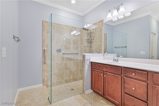 bathroom featuring tile patterned floors, a shower with door, ornamental molding, and vanity