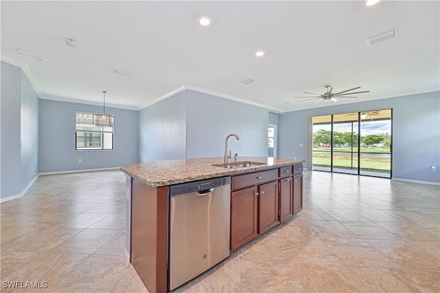 kitchen featuring dishwasher, light stone countertops, sink, ceiling fan, and a center island with sink