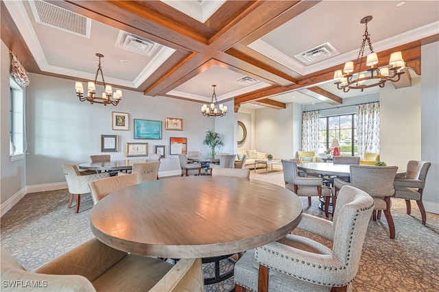 dining room with coffered ceiling, crown molding, an inviting chandelier, and beamed ceiling