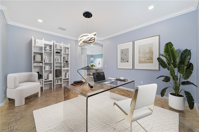 home office with crown molding and an inviting chandelier