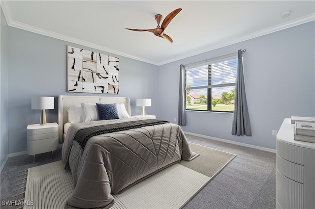 bedroom with ceiling fan, carpet, and ornamental molding