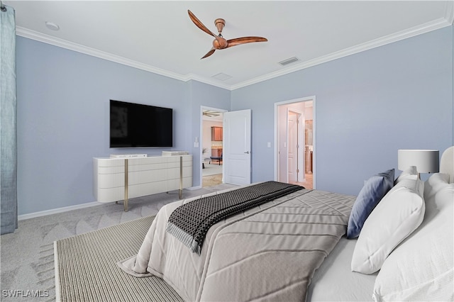 carpeted bedroom with crown molding and ceiling fan