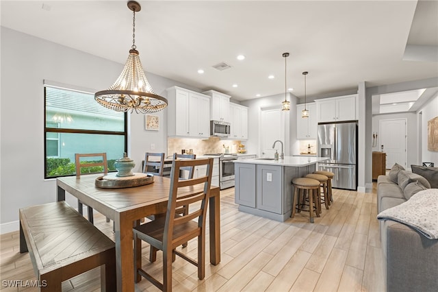 kitchen featuring white cabinets, decorative light fixtures, a kitchen island with sink, and appliances with stainless steel finishes