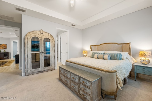 carpeted bedroom featuring a tray ceiling