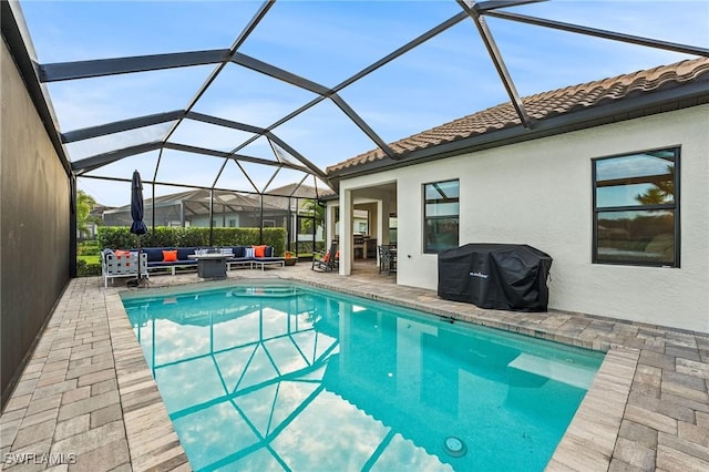 pool with a patio, an outdoor living space, a grill, and glass enclosure