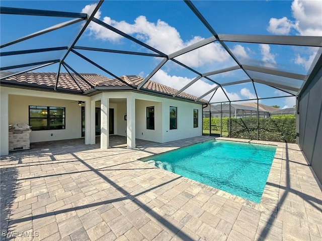 13840 Amblewind Cove Way, Fort Myers, FL 33905 - outdoor pool featuring a patio, exterior kitchen, and glass enclosure