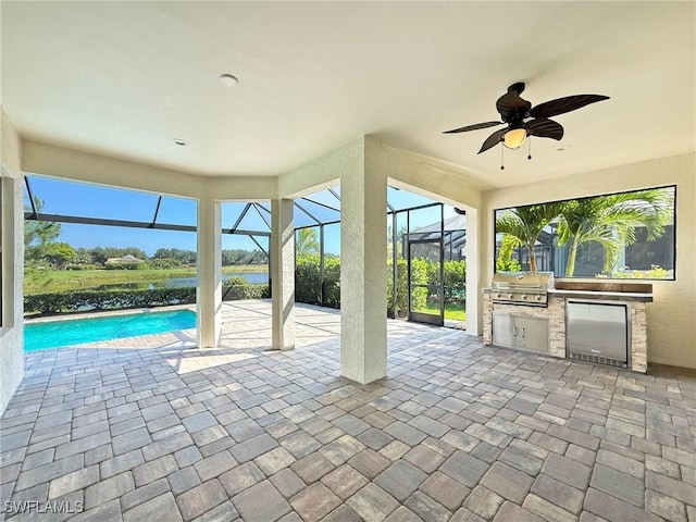 13840 Amblewind Cove Way, Fort Myers, FL 33905 - view of patio / terrace featuring a ceiling fan, a water view, an outdoor pool, and a lanai