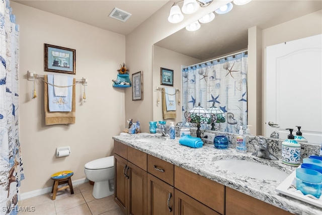 bathroom featuring tile patterned flooring, vanity, toilet, and a shower with shower curtain