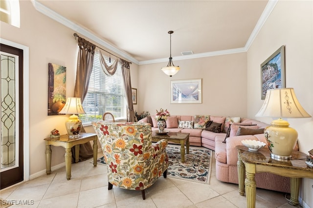 living room featuring light tile patterned flooring and ornamental molding