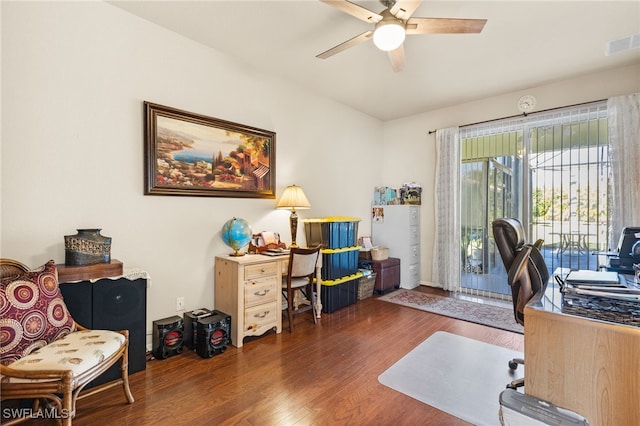 office area featuring ceiling fan and dark hardwood / wood-style floors