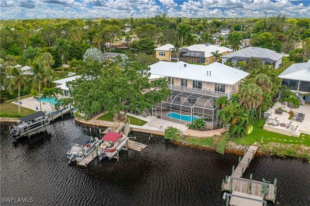 aerial view featuring a water view