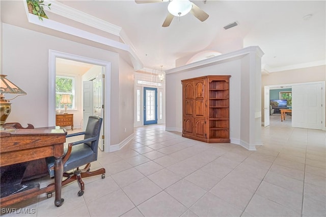 home office featuring ornamental molding, visible vents, baseboards, and light tile patterned flooring