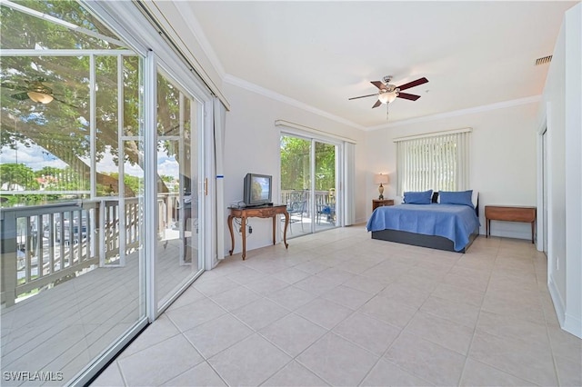 bedroom featuring access to exterior, light tile patterned floors, visible vents, ornamental molding, and ceiling fan