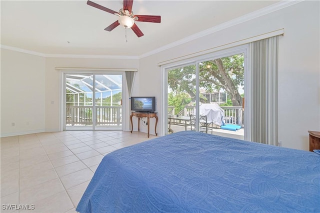 tiled bedroom with access to exterior, crown molding, baseboards, and ceiling fan