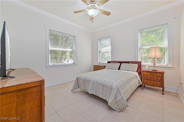 bedroom featuring light tile patterned floors, ceiling fan, baseboards, and crown molding