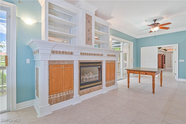 kitchen with ornamental molding, light tile patterned floors, a tiled fireplace, and open shelves