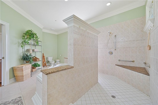 bathroom with toilet, tile patterned flooring, ornamental molding, and a walk in shower