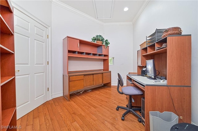 home office with crown molding, recessed lighting, attic access, light wood-type flooring, and baseboards