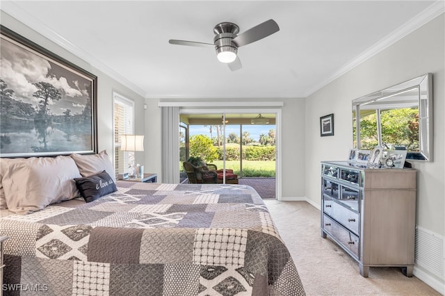 bedroom with ceiling fan, access to outside, ornamental molding, and light colored carpet