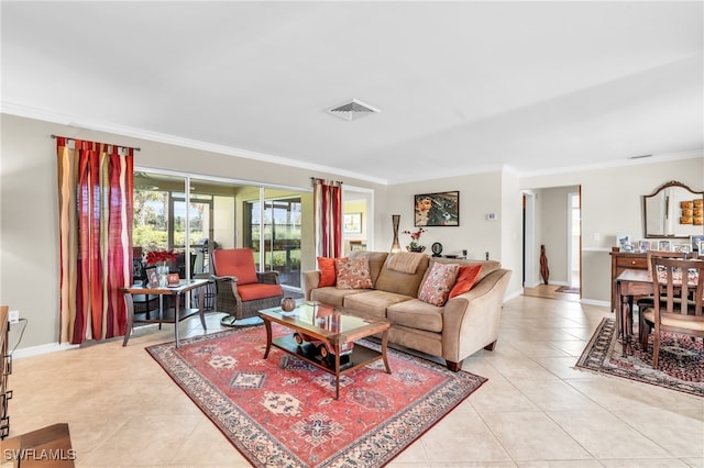 tiled living room featuring crown molding