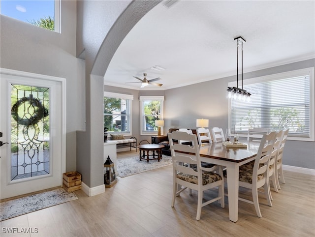 dining space featuring ceiling fan, light hardwood / wood-style floors, and crown molding