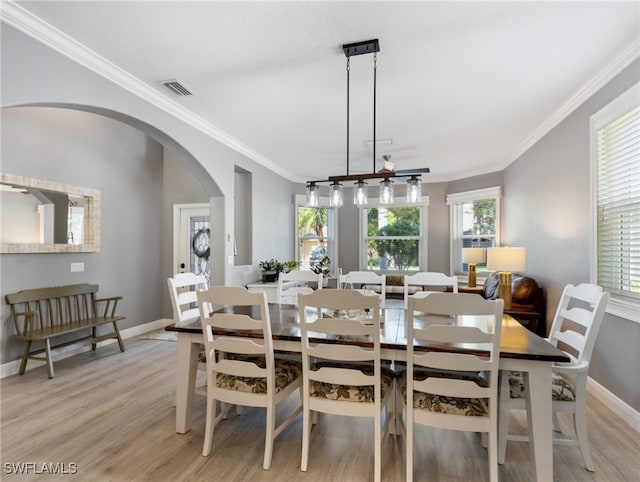 dining room featuring light wood-type flooring, a healthy amount of sunlight, and ornamental molding