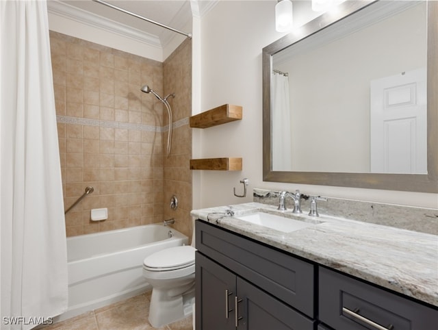 full bathroom featuring vanity, shower / tub combo, tile patterned flooring, crown molding, and toilet