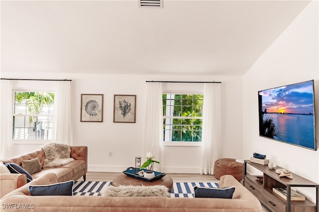 living room featuring vaulted ceiling and hardwood / wood-style flooring