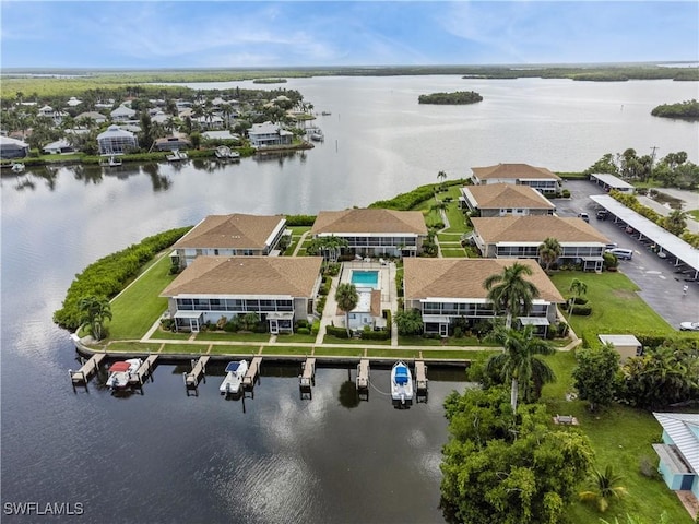 drone / aerial view featuring a water view