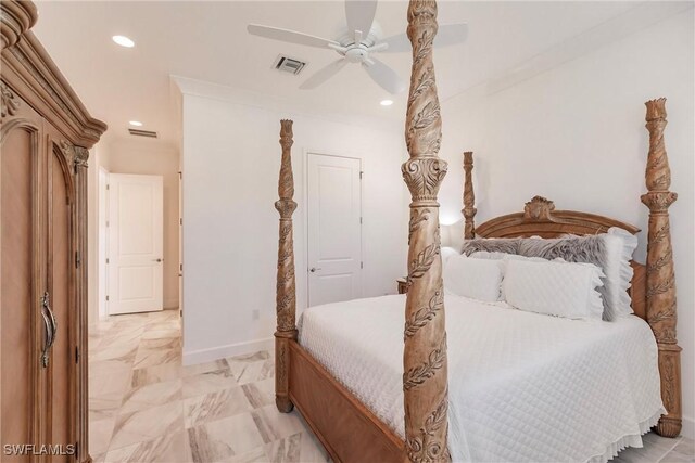 bedroom with ceiling fan and crown molding