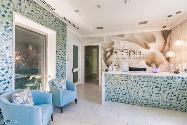 tiled bedroom featuring ornamental molding